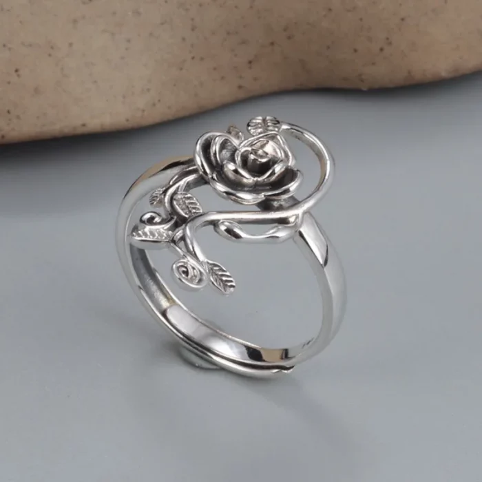 Buyee 925 Sterling Silver Female Big Ring Elegant Rose Flower Open Ring Finger for Women Fashion Ethnic Jewelry Circle Gift - Image 7