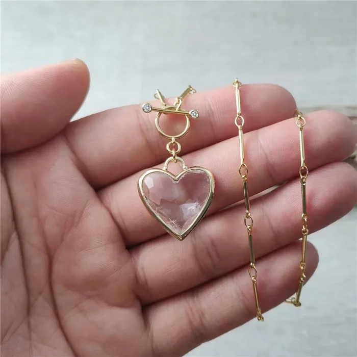 FUWO 1Pc Handcrafted Natural Clear Quartz Necklace,Golden OT Buckle Chain Heart-Shaped Semi-Precious Stone Women's Gift NC475-1 - Image 6