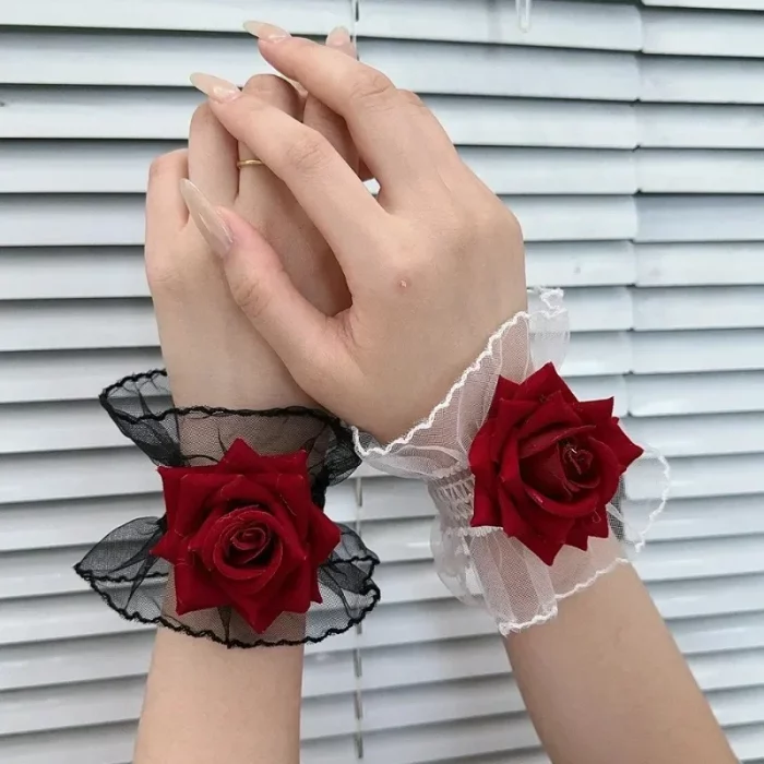 New Fashion Gothic Ruffle Lace Red Rose Wristbands Lolita Charm Bracelets Flower Mesh Hand Ornaments Lace Wristbands Accessories - Image 1