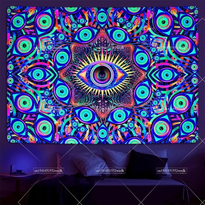 Blacklight Eyes Tapestry Boho Mandala Black Light Tapestries Hippie UV Reactive Wall Tapestry Trippy Abstract Tapestry For Room - Image 2