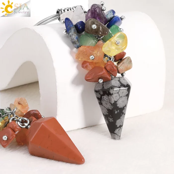 CSJA Meditation 7 Chakra Crystal Keychain Natural Stone Cone Pendant Stainless Steel Ring Holder Card Accessories Jewelry H342 - Image 6