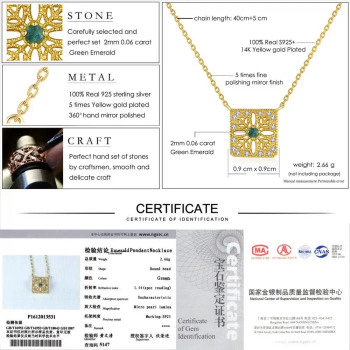 LAMOON Natural Gemstone Emerald Necalace For Women Vintage Luxury Pendant 925 Sterling Silver Gold Vermei Chain Jewelry NI018 - Image 7