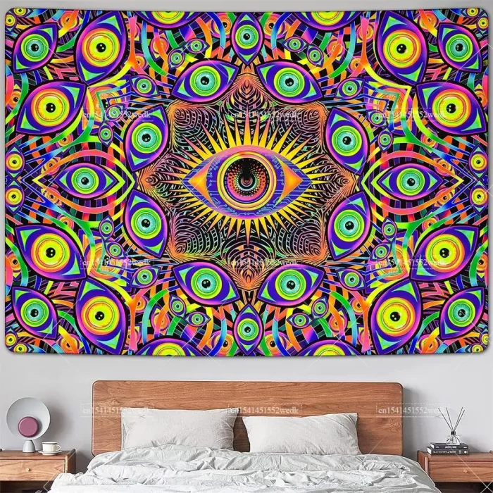 Blacklight Eyes Tapestry Boho Mandala Black Light Tapestries Hippie UV Reactive Wall Tapestry Trippy Abstract Tapestry For Room - Image 6