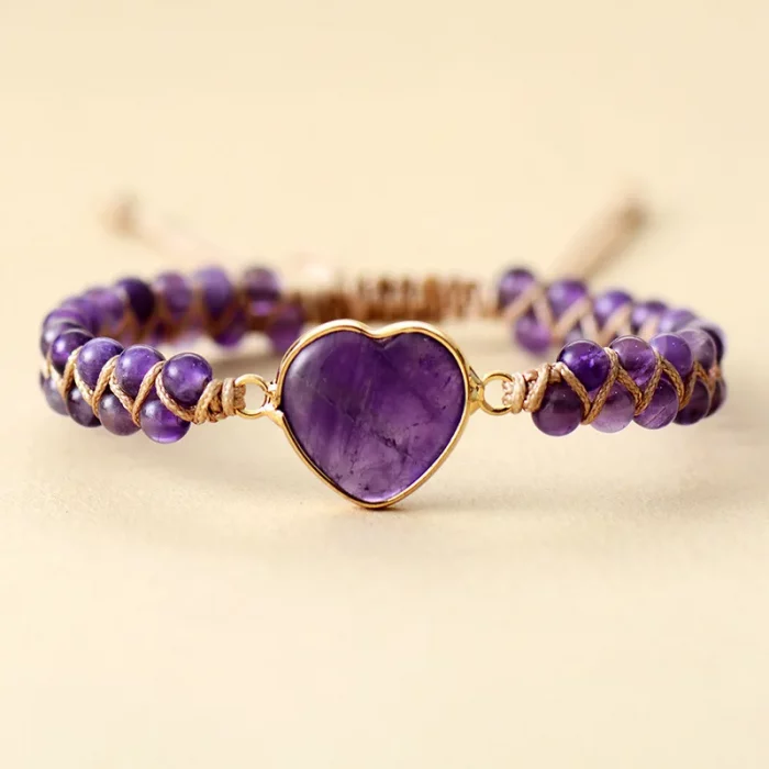 Amethyst Heart-shaped Double-layer Bohemian Boho Hand Woven Natural Stone Beads Adjustable Beaded Bracelet for Women Fashion - Image 1