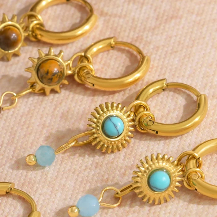 WILD & FREE NEW IN 18K Gold Plated Stainless Steel Huggie Hoop Earrings for Women Chic Vintage Natural Stone Charms Jewelry - Image 3