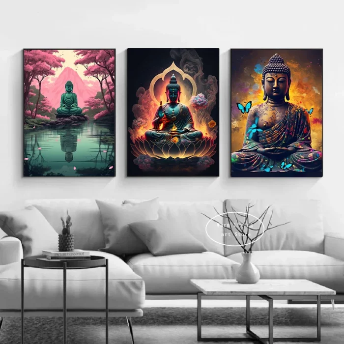 Religious Colorful Buddha Poster Aesthetics Zen Meditation Buddhism Lotus Wall Art Mural Room Decor Canvas Painting Home Decor - Image 3