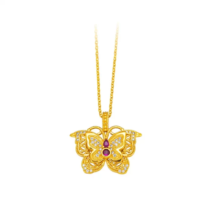 Luxury 24K 9999 Pure Gold real gold Silk Hollow Ruby Butterfly Pendant Butterfly Necklace Women's Clavicle Chain - Image 6