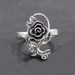 Buyee 925 Sterling Silver Female Big Ring Elegant Rose Flower Open Ring Finger for Women Fashion Ethnic Jewelry Circle Gift