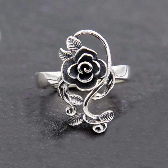 Buyee 925 Sterling Silver Female Big Ring Elegant Rose Flower Open Ring Finger for Women Fashion Ethnic Jewelry Circle Gift - Image 2