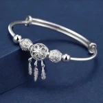 Adjustable size 925 Sterling Silver Bangle cuff Dreamcatcher Tassel Feather Round Bead Charm Bracelet jewelry For Women wedding - Image 2