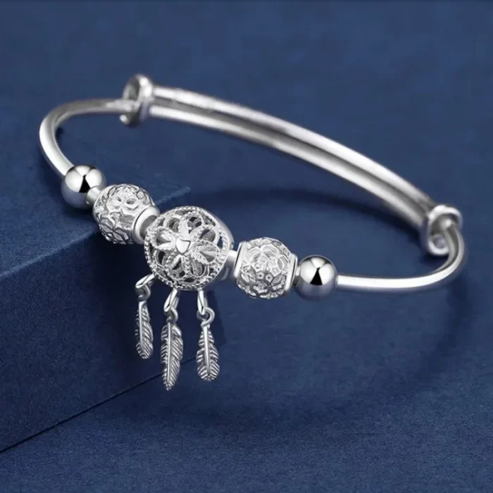 Adjustable size 925 Sterling Silver Bangle cuff Dreamcatcher Tassel Feather Round Bead Charm Bracelet jewelry For Women wedding - Image 2