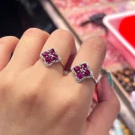 Fine Jewellery Natural Ruby Clover Ring Adjustable With Zircon Halo 925 Sterling Silver White Gold Plated for Women's Party Gift - Image 4