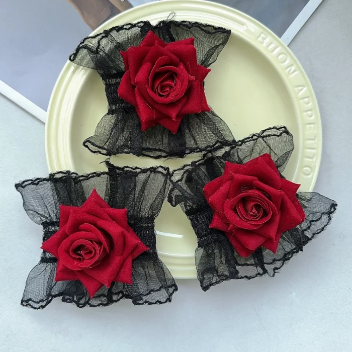 New Fashion Gothic Ruffle Lace Red Rose Wristbands Lolita Charm Bracelets Flower Mesh Hand Ornaments Lace Wristbands Accessories - Image 5