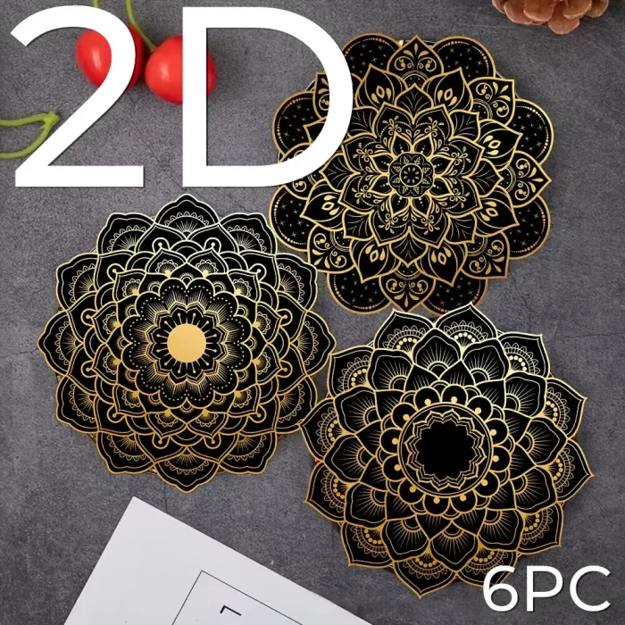 Set of 6 2D Black and Gold Mandala Theme Pattern Art Coasters Round Wooden Heat ResistantNon-SlipHomeDecorGiftMulti-Functional - Image 4