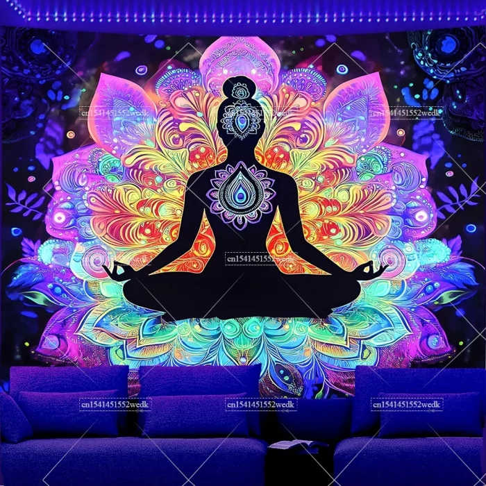 Blacklight Tapestry Seven Chakra Yoga Meditation Tapestry UV Reactive Black Light Poster Lotus Spiritual Wall Hanging For Room - Image 5