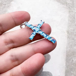 Pendant Cross with Aquamarine Stones Brand New Fine Jewelry 925 Sterling Silver Accessories Romantic Gift For Woman