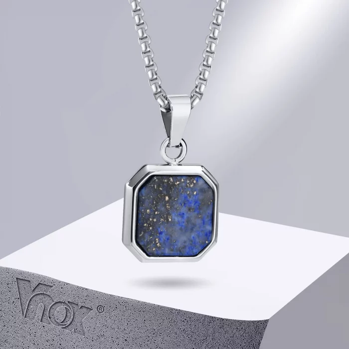 Vnox 15mm Square Pendant Necklace for Men, Gemetric Enamel Lapis Lazuli Stone Pendant with Box Chain, Simple Sport Neck Collar - Image 2