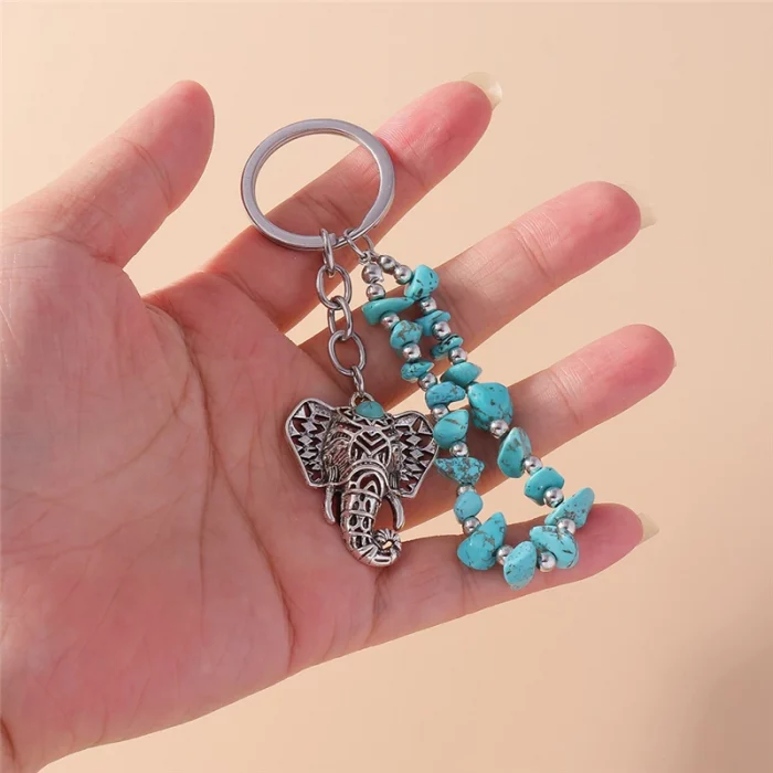 Ethnic Turquoise Stone Elephant Keychain for Women Men Key Ring Pendant Handbag Decor DIY Handmade Jewelry Gift - Image 7