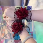 New Fashion Gothic Ruffle Lace Red Rose Wristbands Lolita Charm Bracelets Flower Mesh Hand Ornaments Lace Wristbands Accessories - Image 4