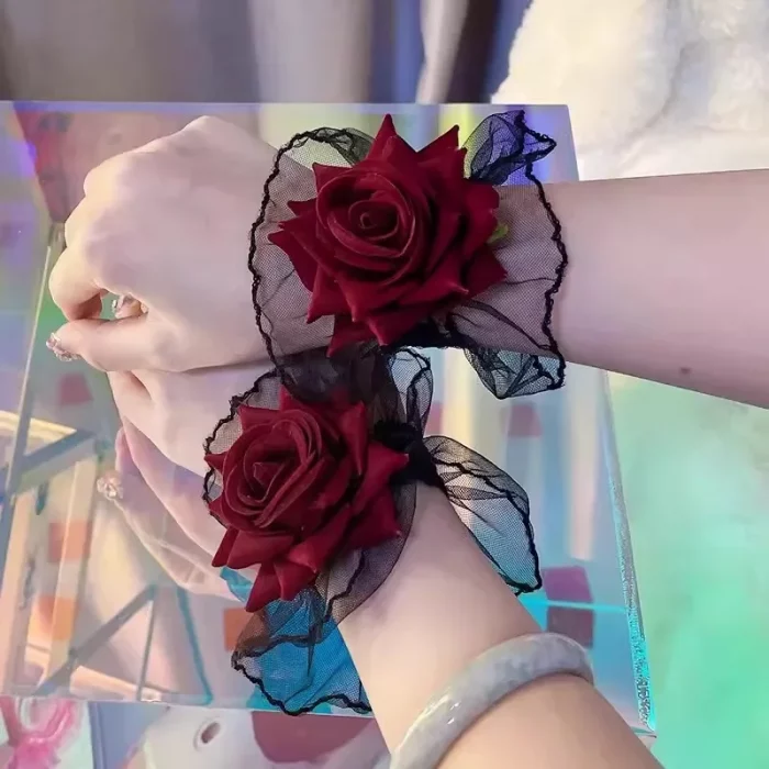 New Fashion Gothic Ruffle Lace Red Rose Wristbands Lolita Charm Bracelets Flower Mesh Hand Ornaments Lace Wristbands Accessories - Image 4