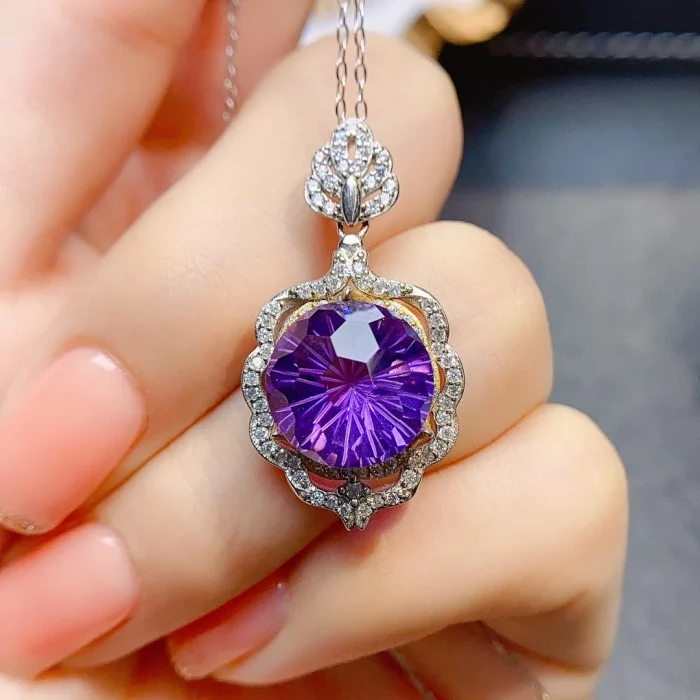 FS 12mm Natural Amethyst Pendant Necklace S925 Pure Silver With Certificate Fine Charm Wedding Jewelry for Women MeiBaPJ New - Image 5