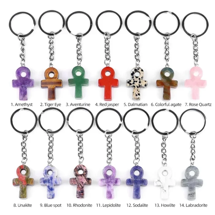 20x30mm Symbol of Life Shaped Keychain Handle Cross Quartz Fluorite Citrine Amethyst Pendants For Motorcycle Key Chain Love Gift - Image 6