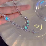 JWER Trendy Bling Moonstone Star Cross Pendant Necklace for Women Punk Hip Hop Star Chain CrystalNecklace Party Y2K Jewelry Gift - Image 4