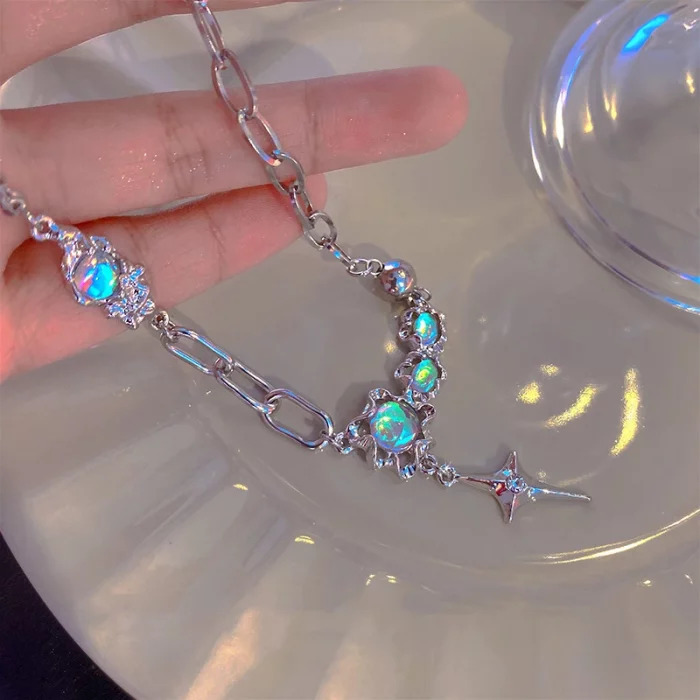 JWER Trendy Bling Moonstone Star Cross Pendant Necklace for Women Punk Hip Hop Star Chain CrystalNecklace Party Y2K Jewelry Gift - Image 4