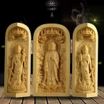 1Pc Exquisite Boxwood Carving Guanyin Buddha Statue Western Sansheng Wood Carving Crafts Home Decoration - Image 2