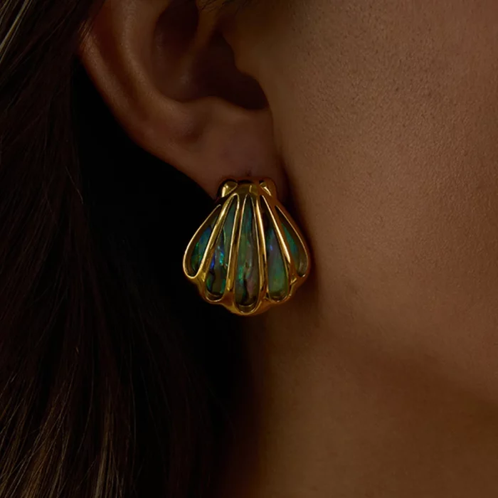 Uworld Holiday Ocean Shell Colored Abalone Shell Earrings 18K Gold Color Plated Stainless Steel Hollow Shell Earrings Women's Ac - Image 1