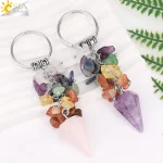 CSJA Meditation 7 Chakra Crystal Keychain Natural Stone Cone Pendant Stainless Steel Ring Holder Card Accessories Jewelry H342 - Image 4