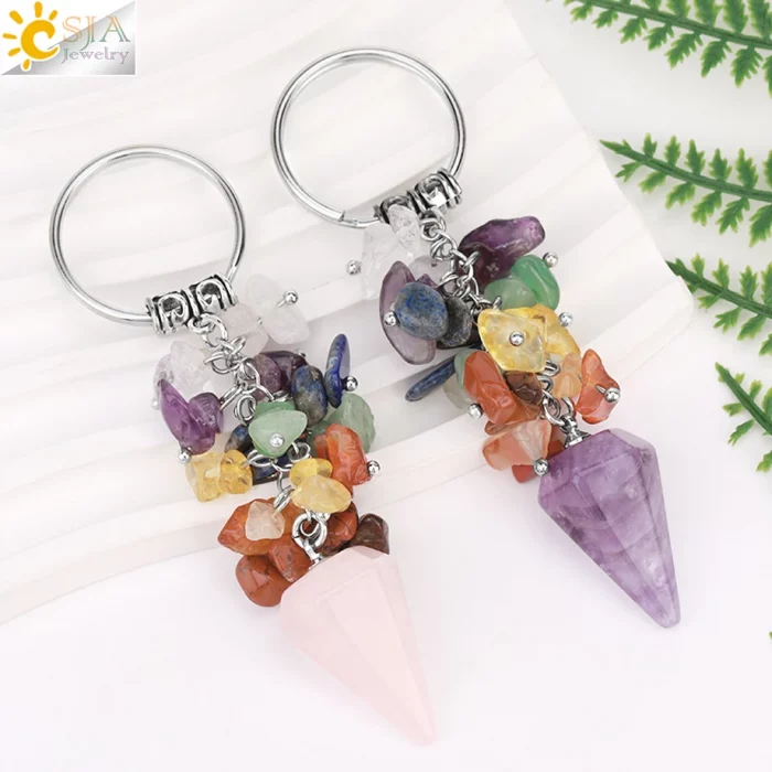 CSJA Meditation 7 Chakra Crystal Keychain Natural Stone Cone Pendant Stainless Steel Ring Holder Card Accessories Jewelry H342 - Image 4