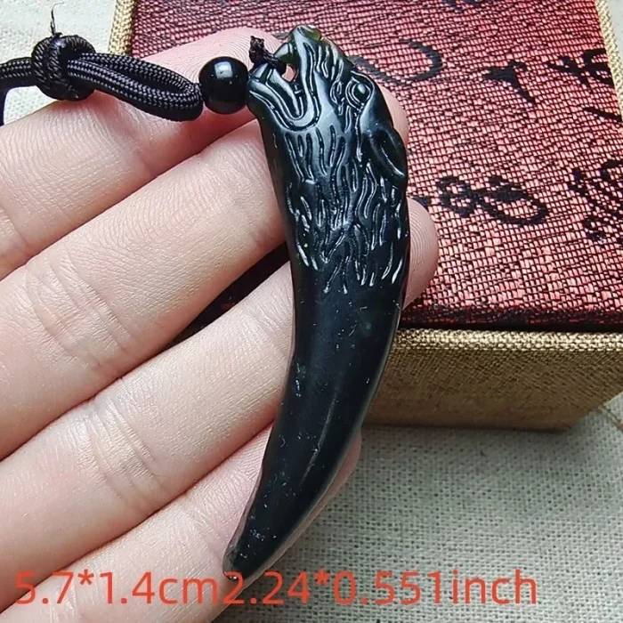 An authentic black jade domineering peak pendant, men's dark green jade double-sided dragon tooth necklace. - Image 5