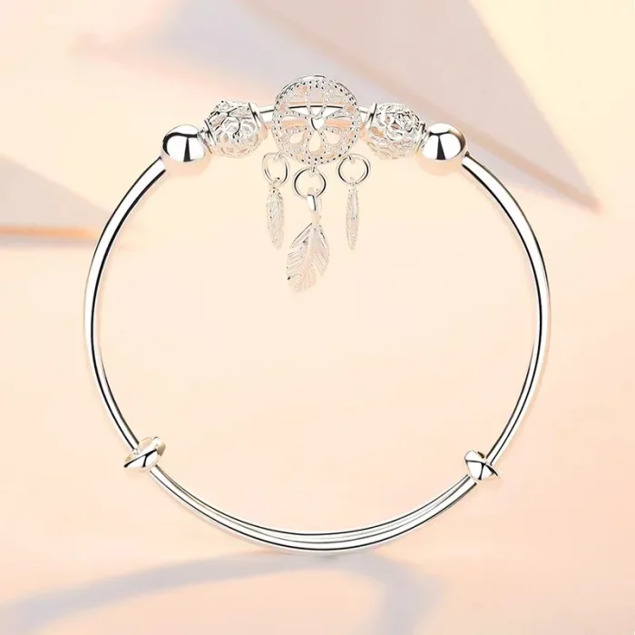 Adjustable size 925 Sterling Silver Bangle cuff Dreamcatcher Tassel Feather Round Bead Charm Bracelet jewelry For Women wedding - Image 5