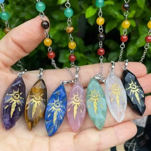 Real Irregular Crystal Pendulum for Divination Wicca Reiki Sun Symbol Pendant Clear Quartz Black Obsidian Spiritual Pendulo X246