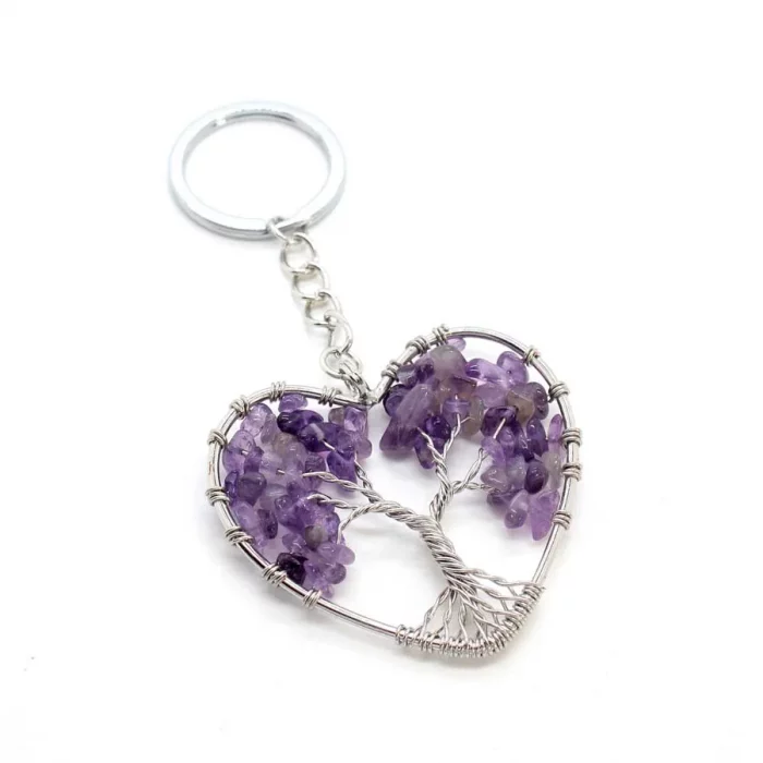 Crystal Chip Stone Heart Keychain For Women Wire Wrapped Tree of Life Natural Amethyst Rose Quartz Key Ring Key Holder Decor - Image 7
