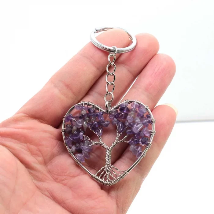 Crystal Chip Stone Heart Keychain For Women Wire Wrapped Tree of Life Natural Amethyst Rose Quartz Key Ring Key Holder Decor - Image 4