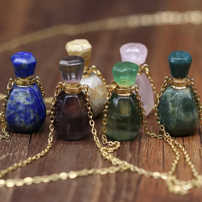 Natural Stone Perfume Bottle Pendant Necklace Rose Quartzs Lapis Lazulis Necklace For Jewelry Gift Length 66+5cm Size 16x33mm - Image 2