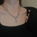 JWER Trendy Bling Moonstone Star Cross Pendant Necklace for Women Punk Hip Hop Star Chain CrystalNecklace Party Y2K Jewelry Gift - Image 3