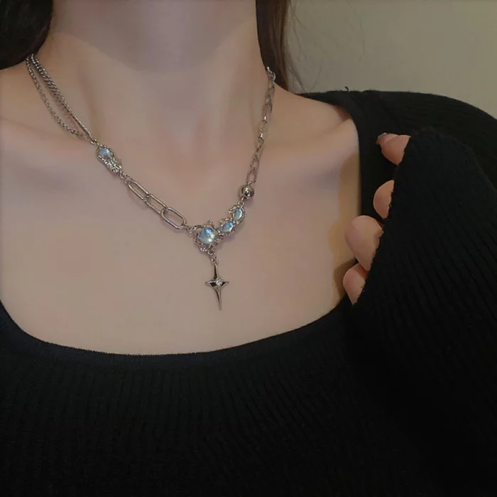 JWER Trendy Bling Moonstone Star Cross Pendant Necklace for Women Punk Hip Hop Star Chain CrystalNecklace Party Y2K Jewelry Gift - Image 3