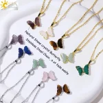Rock Crystal Necklace Butterfly Necklaces Natural Stone Amethysts Clear Quartz Tiger Eye Pendants Stainless Steel Chain H158