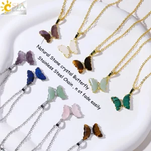 Rock Crystal Necklace Butterfly Necklaces Natural Stone Amethysts Clear Quartz Tiger Eye Pendants Stainless Steel Chain H158