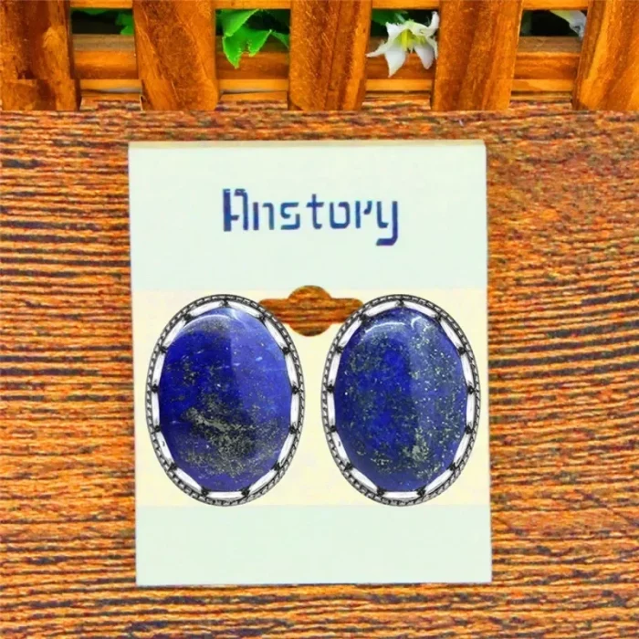Oval Natural Lapis Lazuli Tiger Eye Pink Quartz Jades Blue Sequins Earrings Antique Sliver Plated Fashion Jewelry For Women - Image 4