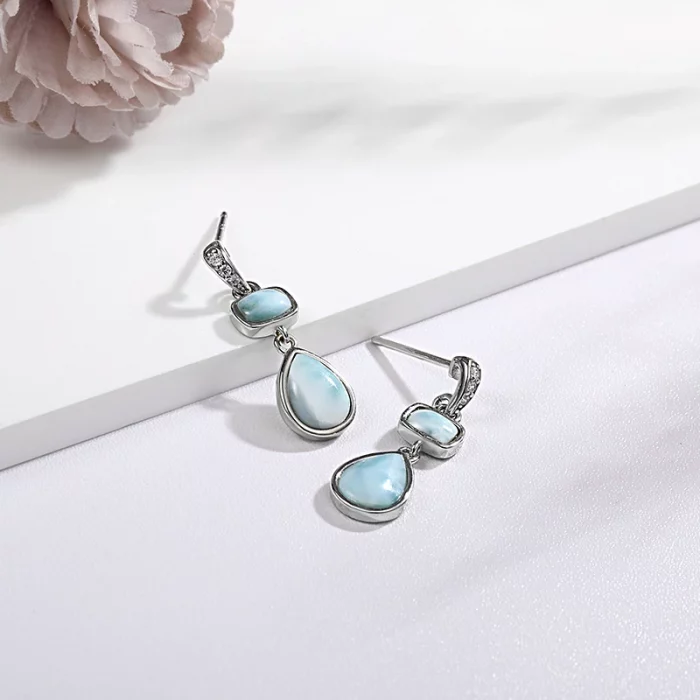 New Fashion Geometry Streamlined Long 925 Sterling Silver Jewelry Girl Natural Precious Larimar Earrings Women - Image 6