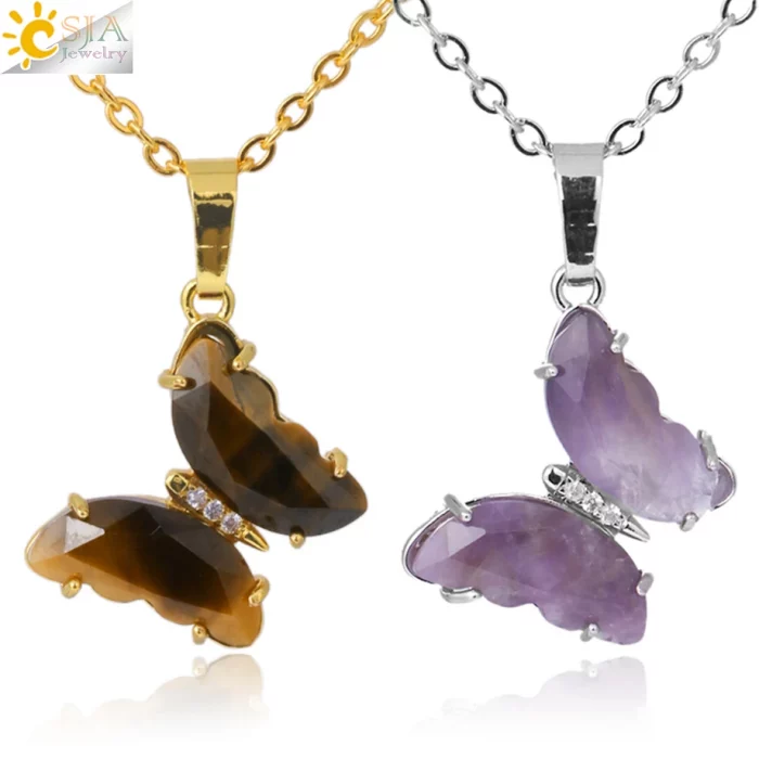 Rock Crystal Necklace Butterfly Necklaces Natural Stone Amethysts Clear Quartz Tiger Eye Pendants Stainless Steel Chain H158 - Image 2