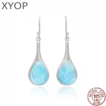 New Fashion Women Streamlined Long 925 Sterling Silver Jewelry Girl Natural Precious Larimar Earrings - Image 2