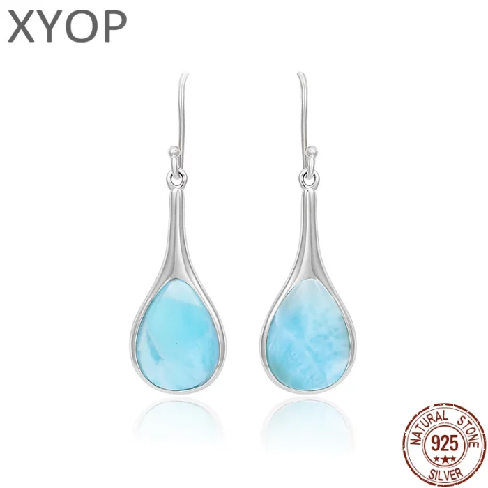 New Fashion Women Streamlined Long 925 Sterling Silver Jewelry Girl Natural Precious Larimar Earrings - Image 2