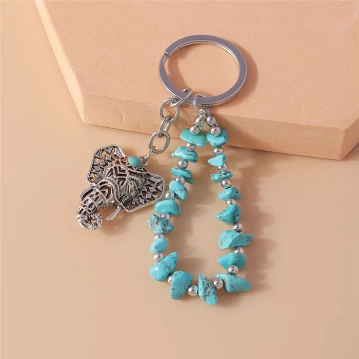 Ethnic Turquoise Stone Elephant Keychain for Women Men Key Ring Pendant Handbag Decor DIY Handmade Jewelry Gift - Image 3