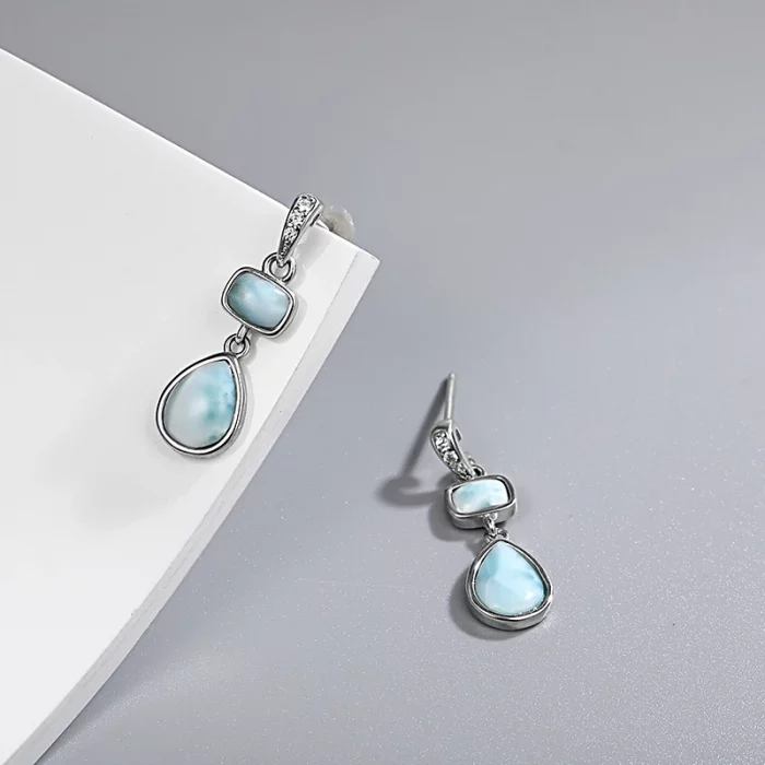 New Fashion Geometry Streamlined Long 925 Sterling Silver Jewelry Girl Natural Precious Larimar Earrings Women - Image 5