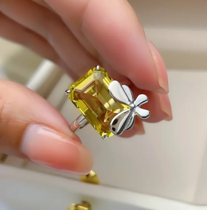 925 Stamp New Butterfly Ring Female Rectangular Aquamarine Sapphire Yellow Zircon Fashion Ring Party Birthday Jewelry Gift - Image 3